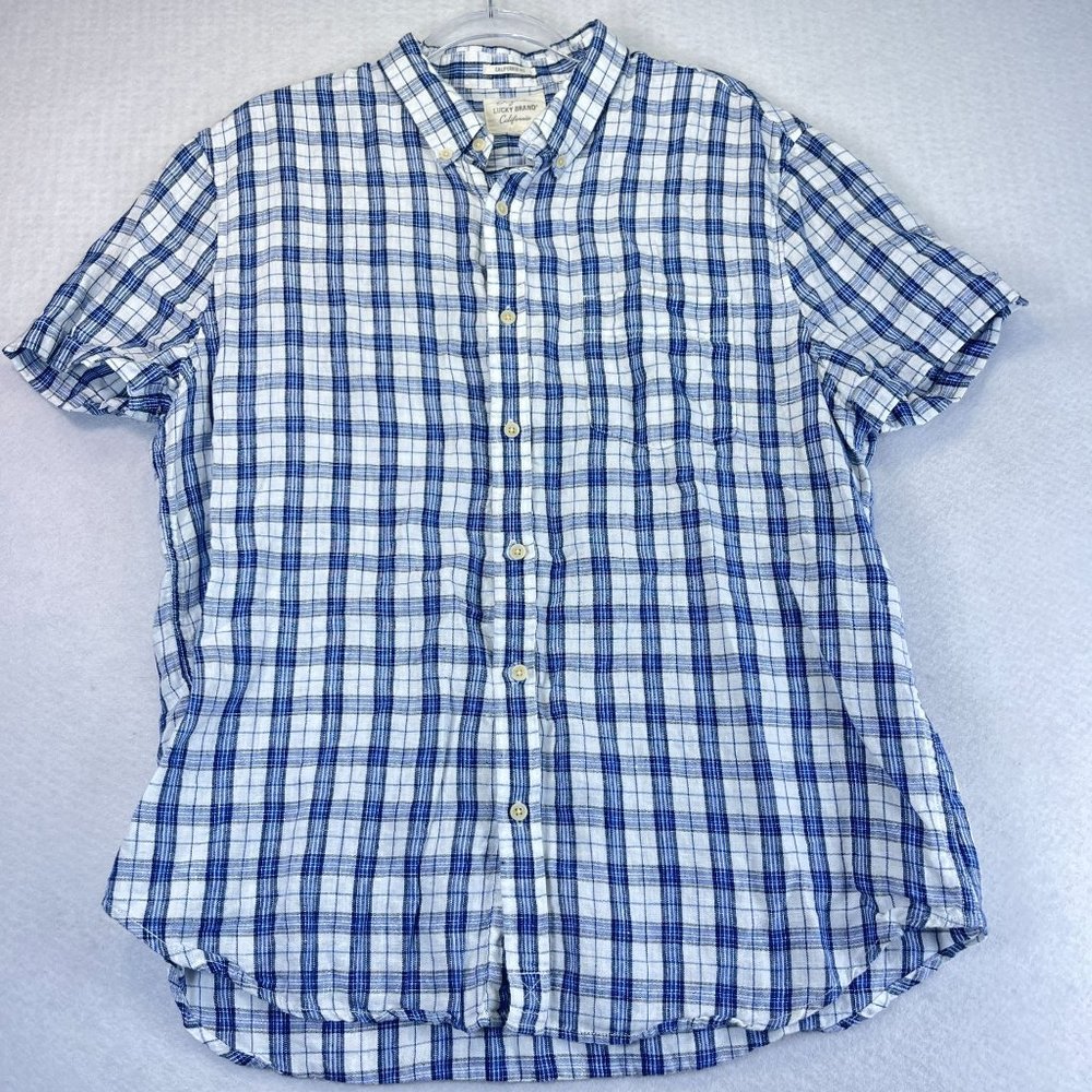 LUCKY BRAND Mens XL Blue Plaid Shirt California Fit Linen Short Sleeve Pocket